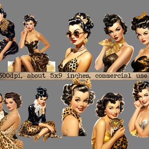 May include: A digital collage of nine vintage-style illustrations of women with dark hair and glamorous makeup. The women are wearing various outfits, including a black dress, a leopard print dress, and a leopard print top. The images are set against a gray background. 300dpi, about 5x9 inches, commercial use.
