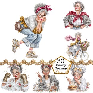 30 Funny Elderly Lady - Watercolor Clipart Bundle PNG + JPEG Format ...