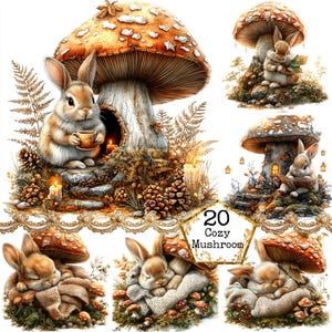 JPEG Aquarell Pilze und Hase Clipart Bundle Magische Pilze verzauberter Wald Sofortiger Download Papier Handwerk Junk Journal Scrapbooking