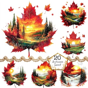 Könnte beinhalten: Eine Sammlung von Aquarell-Designs mit Herbstblättern. Jedes Blatt zeigt eine Landschaftsszene mit Sonnenuntergang, Bäumen und einem Gewässer. Die Blätter sind in Rot-, Orange- und Gelbtönen gehalten, mit einem goldenen Zierrand und dem Text "20 Autumn Leaf".