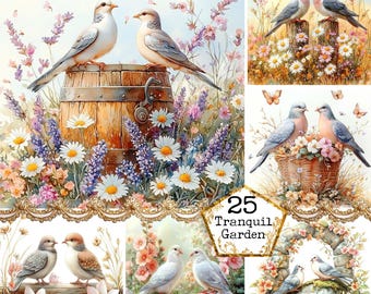 JPEG Watercolor Birds in a Garden Illustrations Garden Clipart Spring Birds Clipart Instant Download Paper Crafts Junk Journal Scrapbooking