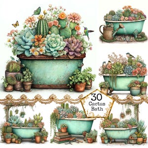 May include: Watercolor illustration of a turquoise bathtub overflowing with cacti, succulents, and flowers. Butterflies and a hummingbird are also present. The image includes the text "30 Cactus Bath".