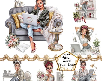Work From Home - Watercolor Clipart PNG + JPEG Business Woman Elegant Woman Junk Journal Scrapbooking