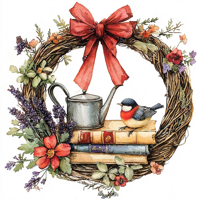 JPEG Watercolor Garden Tools Wreath Clipart Bundle Garden Wreath