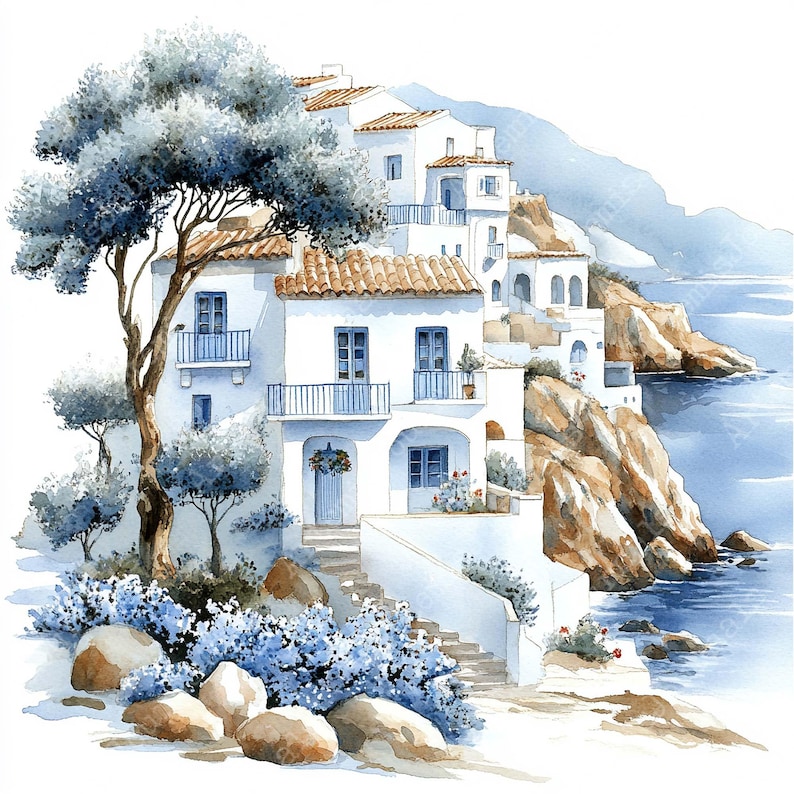 a painting of a house on a cliff by the ocean