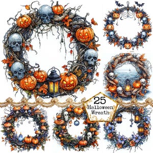 JPEG Watercolor Halloween Wreath Collection Autumn Wreath Clipart Bundle Spooky Art Instant Download Paper Crafts Junk Journal Scrapbooking