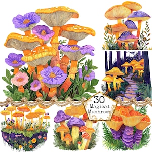 Bundle de cliparts aquarelle champignon magique, clipart fée champignon lumineux, téléchargement immédiat, travaux manuels en papier, journal indésirable, scrapbooking