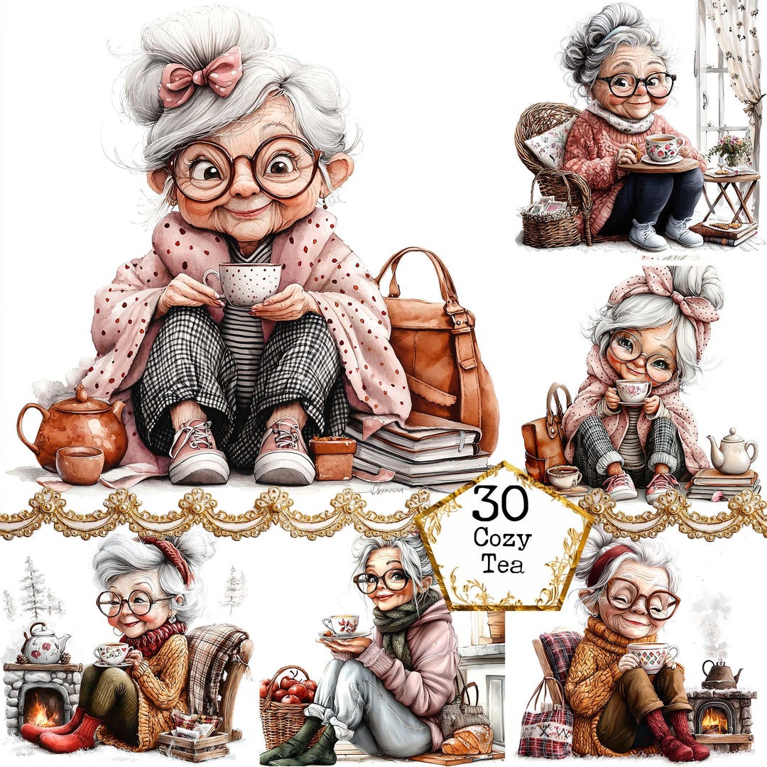JPEG Watercolor Senior Lady With Hot Tee Clipart Bundle Cozy Granny ...