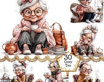 JPEG Watercolor Senior Lady With hot Tee Clipart Bundle Cozy Granny Commercial use Instant Download Paper Crafts Junk Journal Scrapbooking