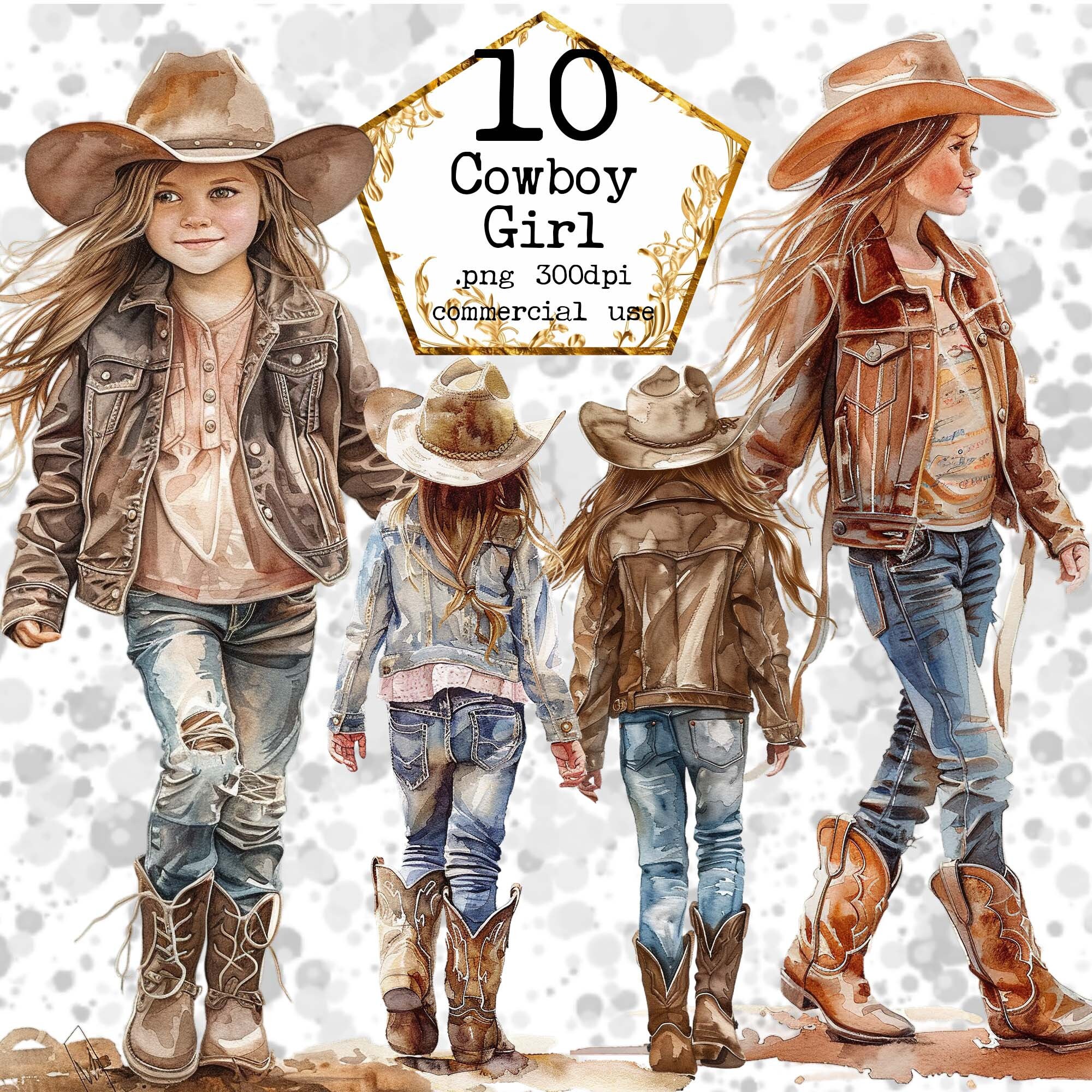 PNG Watercolor Western Girl Clipart Bundle Cowboy Girl PNG Format Cowgirl Clipart Wild West PNG Instant download for Commercial use