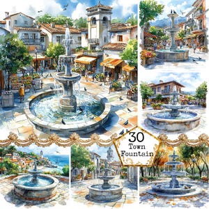 JPEG Watercolor Fountains Clipart Bundle City Square Fountain Art Commercial Use Instant Download Paper Crafts Junk Journal Scrapbooking
