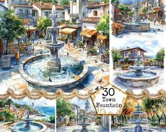 水彩画の噴水アートプリント：夏の街のデザイン（デジタルダウンロード