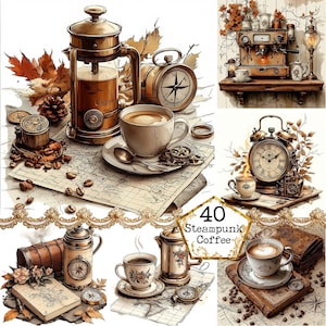 JPEG Steampunk Traveler's Coffee Table Clipart Bundle Steampunk Karte Steampunk Kaffee Sofortiger Download Papier Handwerk Junk Journal Scrapbooking