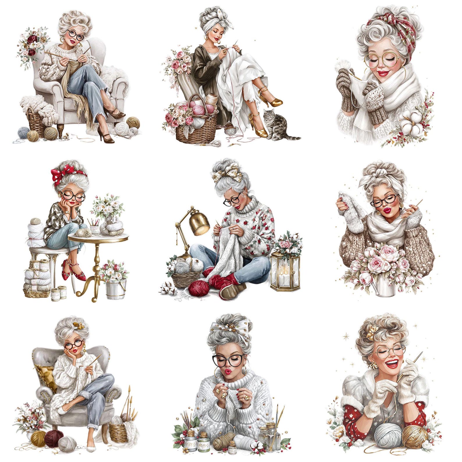 Knitting Granny - Watercolor Clipart Bundle PNG + JPEG Format Paper ...