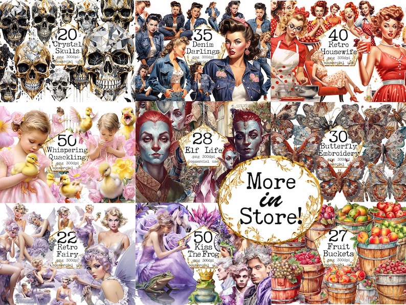 Puede incluir: Un collage de ilustraciones digitales con varios temas, incluyendo cr&aacute;neos, hadas, elfos, mariposas y frutas. Las im&aacute;genes est&aacute;n etiquetadas con n&uacute;meros y descripciones, como "20 Crystal Skulls", "50 Whispering Quackling" y "30 Butterfly Embroidery". El texto "More in Store!" se muestra en una fuente grande y decorativa.