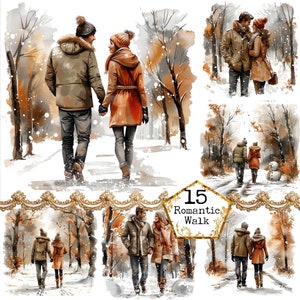 JPEG Pareja de acuarela en un paisaje de invierno JPEG Winter Park Clipart Uso comercial Descarga instantánea Paper Crafts Junk Journal Scrapbooking