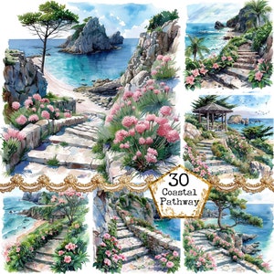 May include: A collage of watercolour paintings depicting a coastal pathway with stone steps, lush greenery, and pink flowers. The images showcase a variety of scenic views, including a rocky coastline, a gazebo, and a tranquil bay. The text "30 Coastal Pathway" is featured in the centre of the collage.