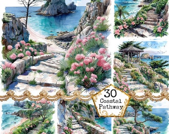 JPEG Aquarell Stein Weg zum Strand Clipart Bundle Sommer Clipart Strand Clipart Sofortiger Download Papier Handwerk Junk Journal Scrapbooking