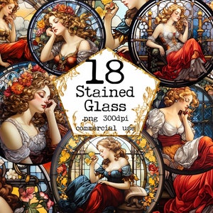 PNG Maiden Stained Glass Clipart Bundle Vintage Stained Glass Princess PNG Stained Glass Clipart PNG Paper Crafts Junk Journal Scrapbook