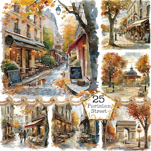 Vintage Shabby Chic Otoño en París Clipart JPEG Vintage Fondo Café Callejón Estrecho Descarga Instantánea Papel Craft Junk Journal Scrapbooking