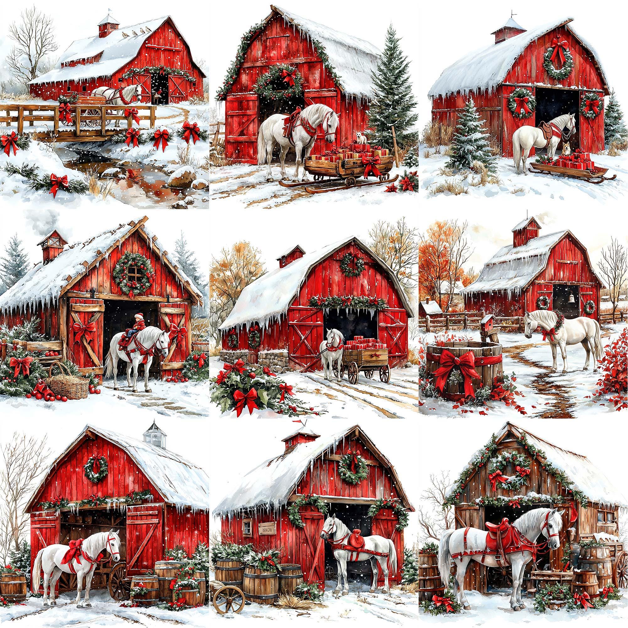 JPEG Watercolor Winter Red Barn With a White Horse and Christmas ...