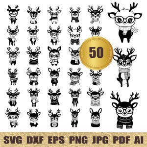 Reindeer with Glasses and Scarf SVG Christmas svg Deer with glasses deer face cut file Reindeer clipart Cricut Silhouette Christmas design