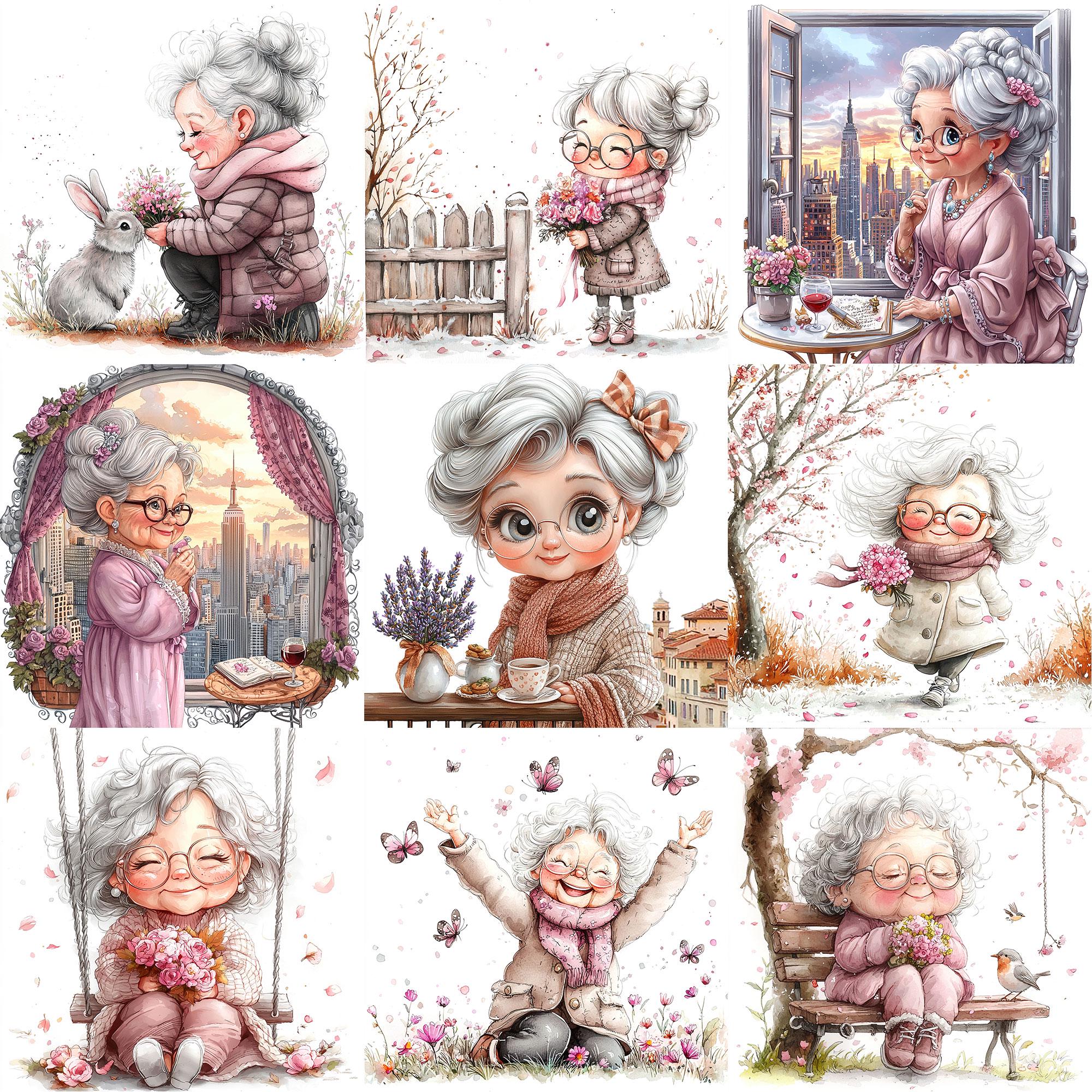JPEG Watercolor Spring Granny Clipart Bundle Funny Floral Granny Spring ...