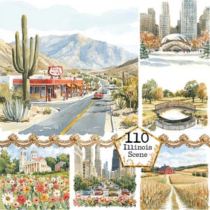 Paquete de imágenes prediseñadas de Illinois en acuarela JPEG Imágenes prediseñadas de EE. UU. Estado estadounidense Ciudad estadounidense Descarga instantánea Manualidades en papel Diario basura Scrapbooking