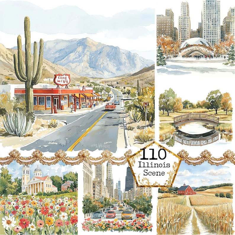 a collage of pictures of a town and a desert