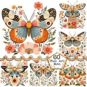PNG + JPEG Aquarell Volkskunst Motte Clipart Bundle Frühling Clipart mystische Motten Art Instant Download Papier Handwerk Junk Journal Scrapbooking