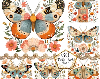 PNG + JPEG  Watercolor Folk Art Moth Clipart Bundle Spring Clipart Mystical Moths Art Instant Download Paper Craft Junk Journal Scrapbooking