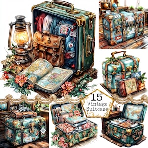 JPEG Watercolor Vintage Travel Bags Clipart Bundle Travel Trunk Traveler Clipart Instant Download Paper Crafts Junk Journal Scrapbooking