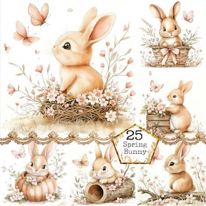 JPEG Watercolor Spring Rabbit Clipart Bundle Cute Bunny Clipart Spring Flowers Art Instant Download Paper Crafts Junk Journal Scrapbooking