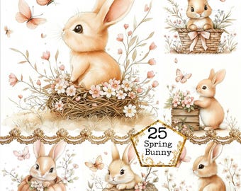 Puede incluir: Un paquete de papel digital con 25 ilustraciones de conejos lindos en varios escenarios de primavera. Los conejos están representados en un estilo de dibujos animados con colores pastel suaves. Las ilustraciones incluyen conejos en nidos, cestas y troncos, rodeados de flores y mariposas.