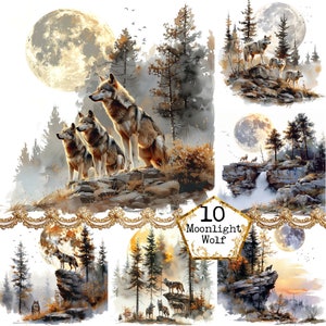 Paquete de imágenes prediseñadas de lobo y bosque de montaña JPEG Uso comercial Fondos imprimibles Descarga instantánea Artesanías de papel Diario basura Scrapbooking