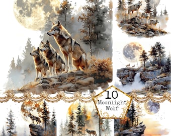 Wolf and Mountain Forest Clipart Bundle JPEG Commercial Use Printable Backgrounds Instant Download Paper Crafts Junk Journal Scrapbooking