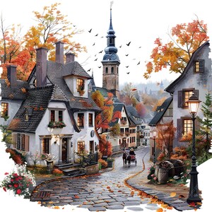 May include: A picturesque autumn scene with a charming European village. The buildings are painted in warm colors, with red tile roofs and white walls. The street is cobblestone and lined with trees with colorful leaves. A horse-drawn carriage is traveling down the street, adding to the quaint atmosphere.