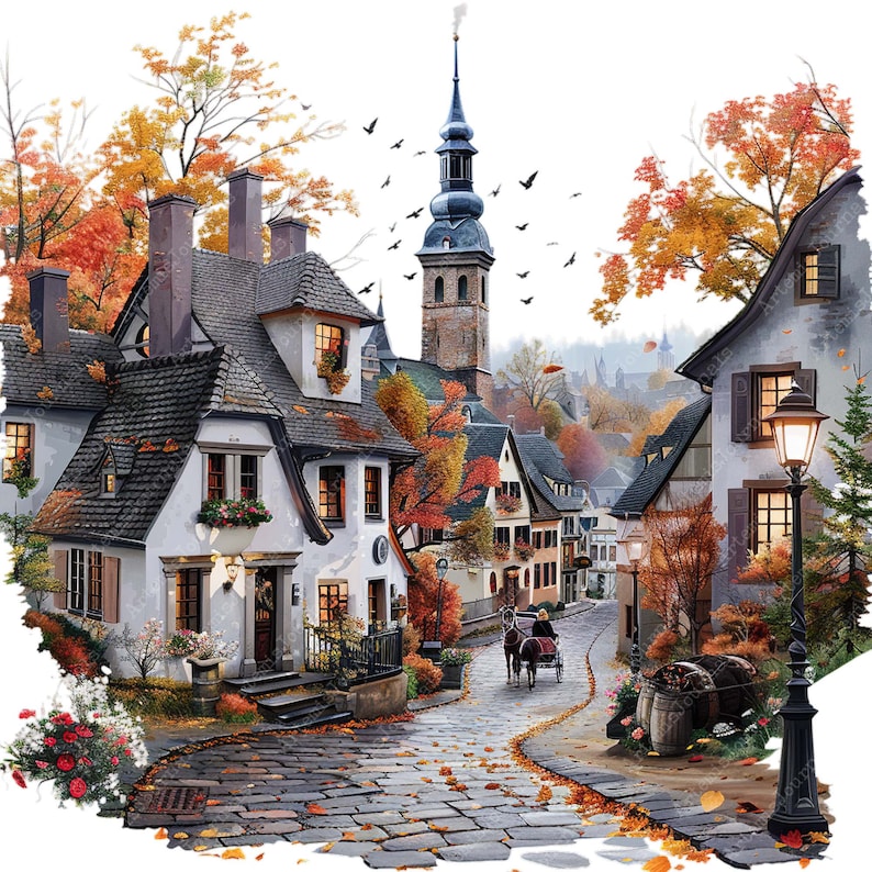 May include: A picturesque autumn scene with a charming European village. The buildings are painted in warm colors, with red tile roofs and white walls. The street is cobblestone and lined with trees with colorful leaves. A horse-drawn carriage is traveling down the street, adding to the quaint atmosphere.