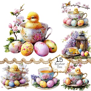 PNG + JPG aquarelle poussin dans une tasse de thé Clipart Bundle oeufs de Pâques Clipart printemps mignon téléchargement immédiat Paper Craft Junk Journal Scrapbooking