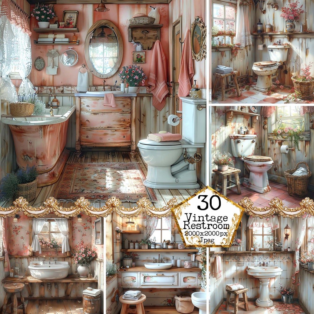 Rustic Restroom Clipart Bundle JPEG Vintage Floral Bathroom Home ...