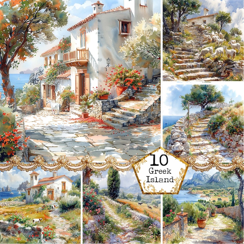 May include: A collage of watercolor paintings depicting scenes of a Greek island. The images include a whitewashed house with a stone path leading to it, a stone staircase leading up a hillside, and a view of a bay with a small boat in the distance. The text "10 Greek Island" is superimposed on the image.