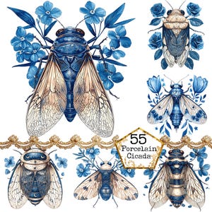 PNG + JPEG Delft Blue Antik Zikade Fliese Clipart Bundle Aquarell Blumen Zikade Sofort Download Papier Handwerk Junk Journal Scrapbooking