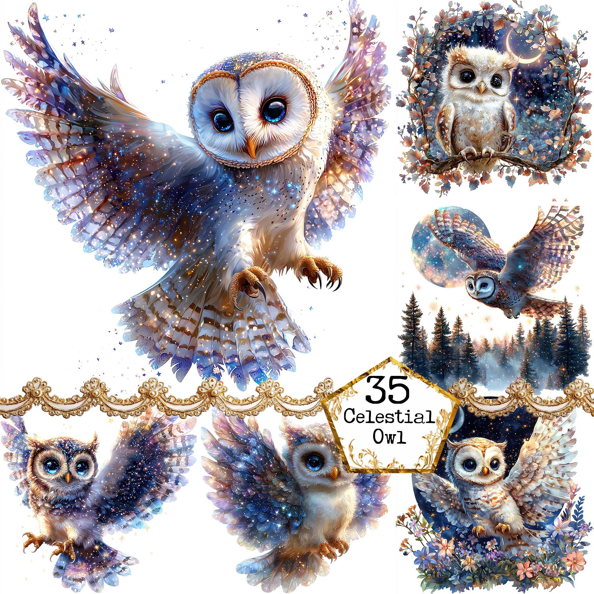 JPEG Celestial Owl Clipart Bundle Sparkling Glitter Owl Mystical owl Magical Clipart Instant Downloa