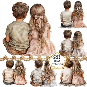 JPEG-aquarel klein meisje en jongen beste vrienden clipartbundel vriendschap clipart instant download papier ambachten ongewenste dagboek scrapbooking