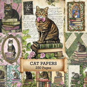 May include: A collage featuring various cat illustrations, some wearing bow ties, sitting atop stacks of books. The artwork includes floral and vintage elements, with the text "CAT PAPERS 250 Pages" on a scroll.