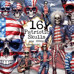 Paquete de imágenes prediseñadas de calavera patriótica PNG Esqueleto patriótico Clipart Rock and Roll Art America Flag Clipart Junk Journal Scrapbooking Fabricación de tarjetas