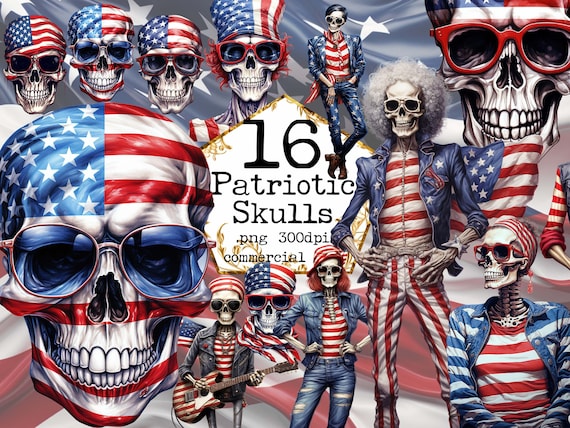 Patriotic Skull Clipart Bundle PNG Patriotic Skeleton Clipart Rock and Roll Art America Flag Clipart Junk Journal Scrapbooking Card Making