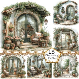 JPEG Watercolor Garden patio Clipart Bundle Cozy Seating Cozy Nook Commercial Use Instant Download Paper Crafts Junk Journal Scrapbooking