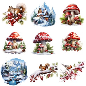 May include: A collection of nine winter-themed illustrations featuring red and white mushrooms, a squirrel, a bird, a snowy mountain scene, and a small cottage in the snow.
