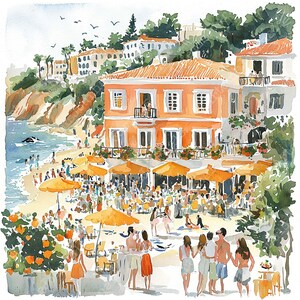 May include: A watercolor painting of a seaside restaurant with a large orange building and people sitting at tables under umbrellas. The restaurant is located on a beach with a clear blue ocean in the background.